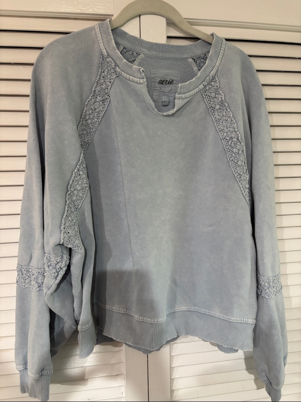 aerie Pale Blue Lace-Trim Pullover Sweatshirt